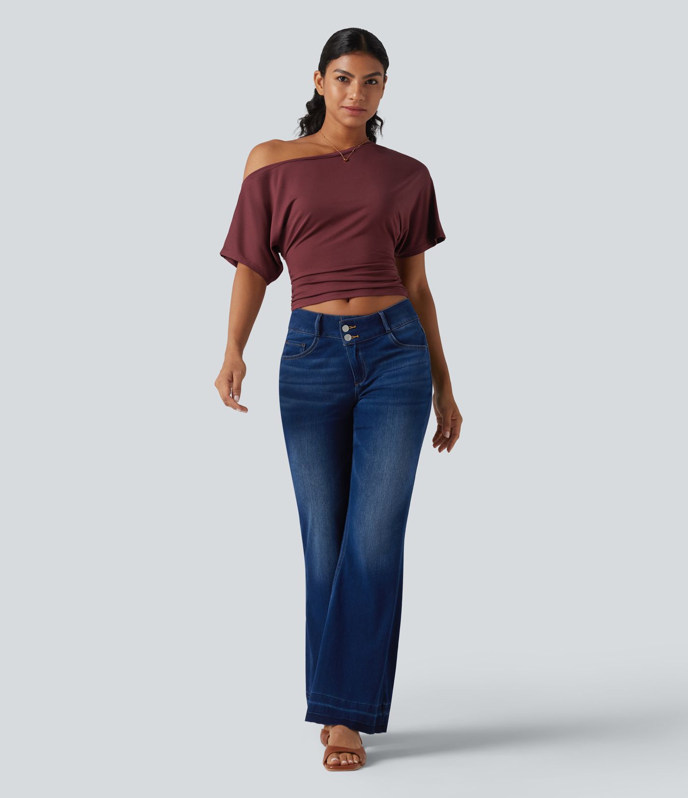 One-shoulder Short Sleeve Ruched Built-in Bra Casual T-Shirt
