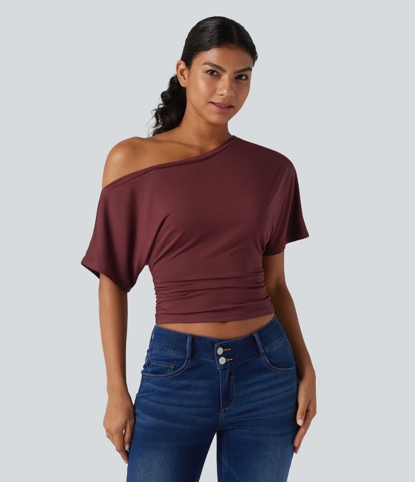 One-shoulder Short Sleeve Ruched Built-in Bra Casual T-Shirt