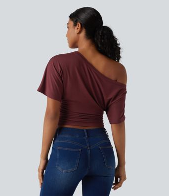 One-shoulder Short Sleeve Ruched Built-in Bra Casual T-Shirt