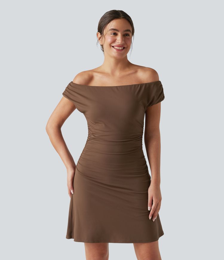 Robe de yoga active 2 en 1 SoftlyZero™ à épaules dénudées, bretelles amovibles et soutien-gorge intégré, avec poches - Facile à porter