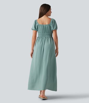 Square Neck Puff Sleeve Shirred Built-in Bra Maxi Casual Flowy Linen-Feel Dress with Pockets Square Neck Puff Sleeve Shirred Built-in Bra Maxi Casual Flowy Linen-Feel Dress with Pockets