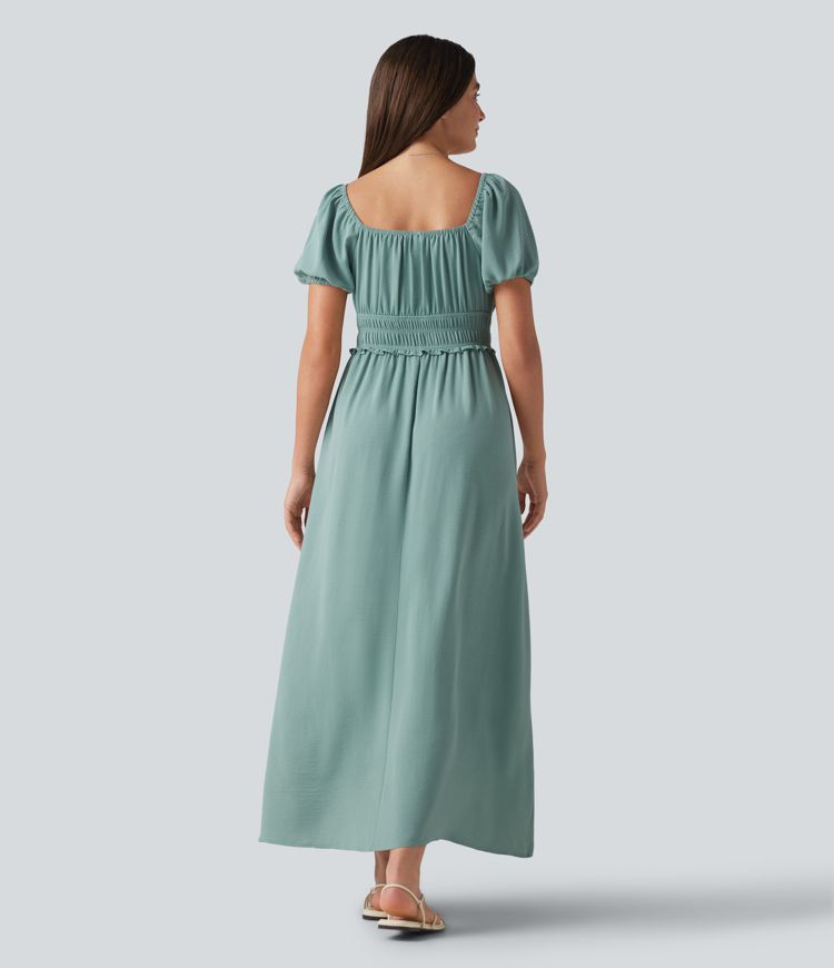 Square Neck Puff Sleeve Shirred Built-in Bra Maxi Casual Flowy Linen-Feel Dress with Pockets Square Neck Puff Sleeve Shirred Built-in Bra Maxi Casual Flowy Linen-Feel Dress with Pockets