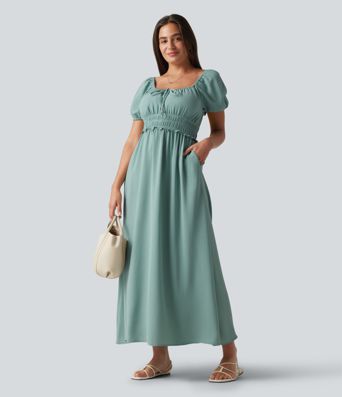 Square Neck Puff Sleeve Shirred Built-in Bra Maxi Casual Flowy Linen-Feel Dress with Pockets Square Neck Puff Sleeve Shirred Built-in Bra Maxi Casual Flowy Linen-Feel Dress with Pockets