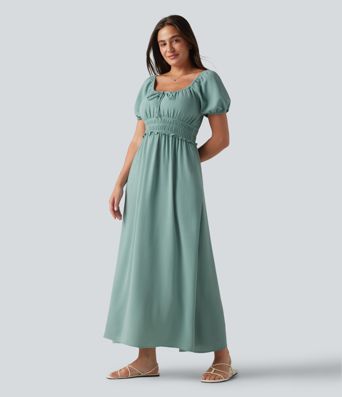 Square Neck Puff Sleeve Shirred Built-in Bra Maxi Casual Flowy Linen-Feel Dress with Pockets Square Neck Puff Sleeve Shirred Built-in Bra Maxi Casual Flowy Linen-Feel Dress with Pockets