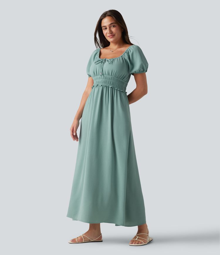 Square Neck Puff Sleeve Shirred Built-in Bra Maxi Casual Flowy Linen-Feel Dress with Pockets Square Neck Puff Sleeve Shirred Built-in Bra Maxi Casual Flowy Linen-Feel Dress with Pockets