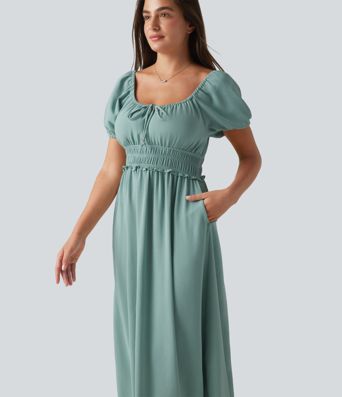 Square Neck Puff Sleeve Shirred Built-in Bra Maxi Casual Flowy Linen-Feel Dress with Pockets Square Neck Puff Sleeve Shirred Built-in Bra Maxi Casual Flowy Linen-Feel Dress with Pockets