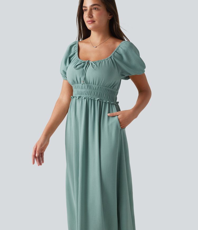 Square Neck Puff Sleeve Shirred Built-in Bra Maxi Casual Flowy Linen-Feel Dress with Pockets Square Neck Puff Sleeve Shirred Built-in Bra Maxi Casual Flowy Linen-Feel Dress with Pockets