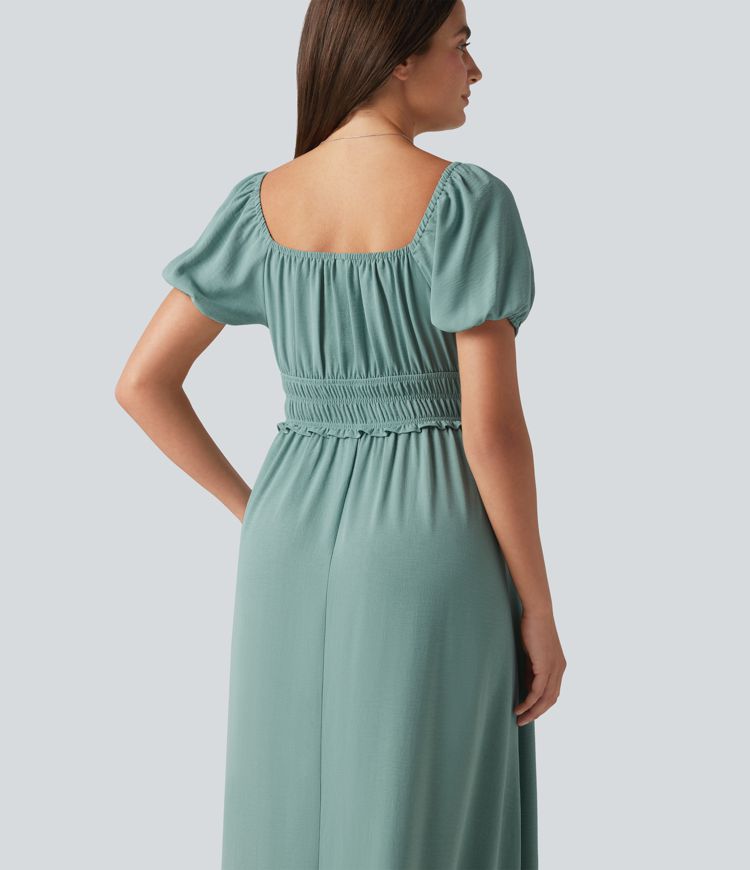 Square Neck Puff Sleeve Shirred Built-in Bra Maxi Casual Flowy Linen-Feel Dress with Pockets Square Neck Puff Sleeve Shirred Built-in Bra Maxi Casual Flowy Linen-Feel Dress with Pockets