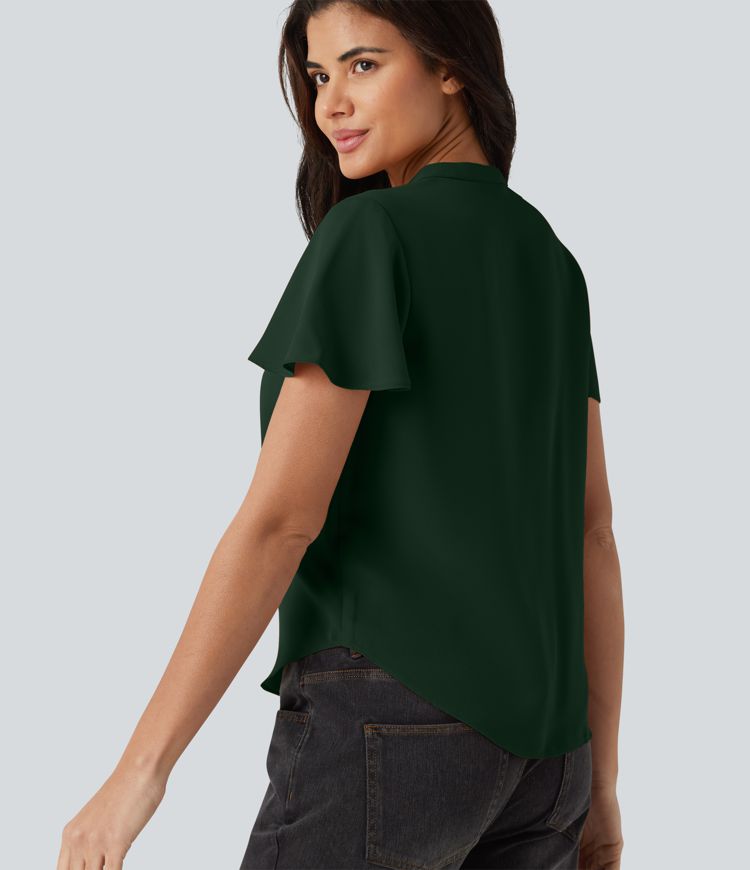 V-neck Flounce Sleeve Curved Hem Casual Blouse