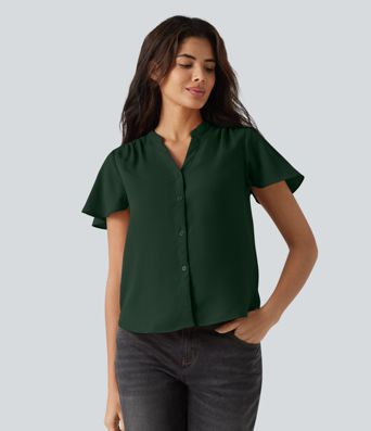 V-neck Flounce Sleeve Curved Hem Casual Blouse