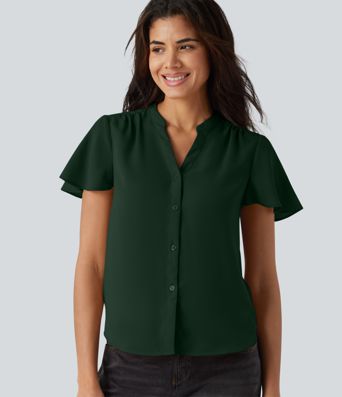 V-neck Flounce Sleeve Curved Hem Casual Blouse