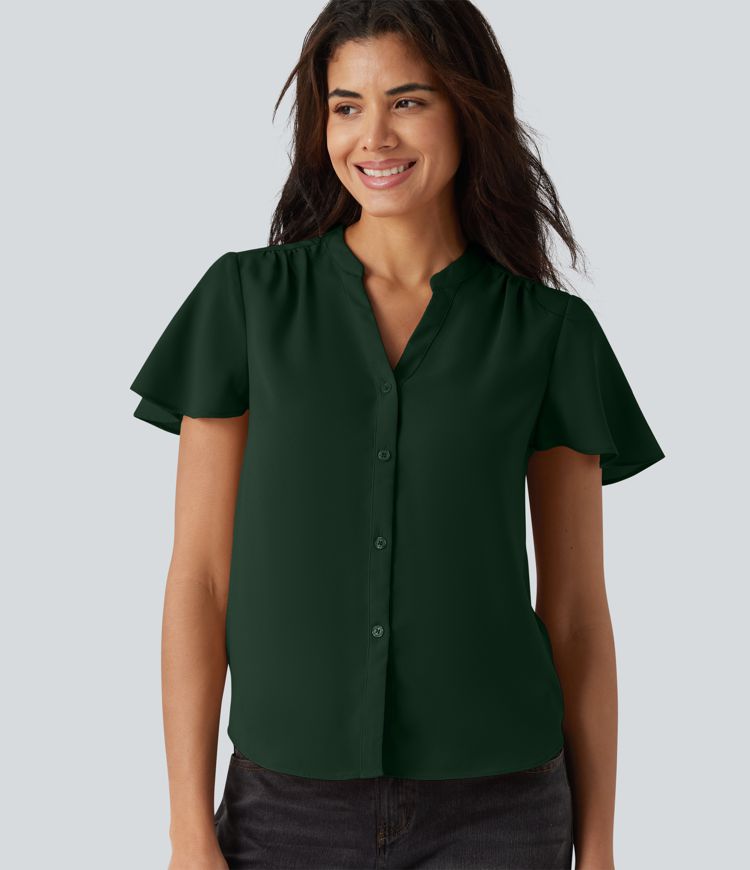 V-neck Flounce Sleeve Curved Hem Casual Blouse