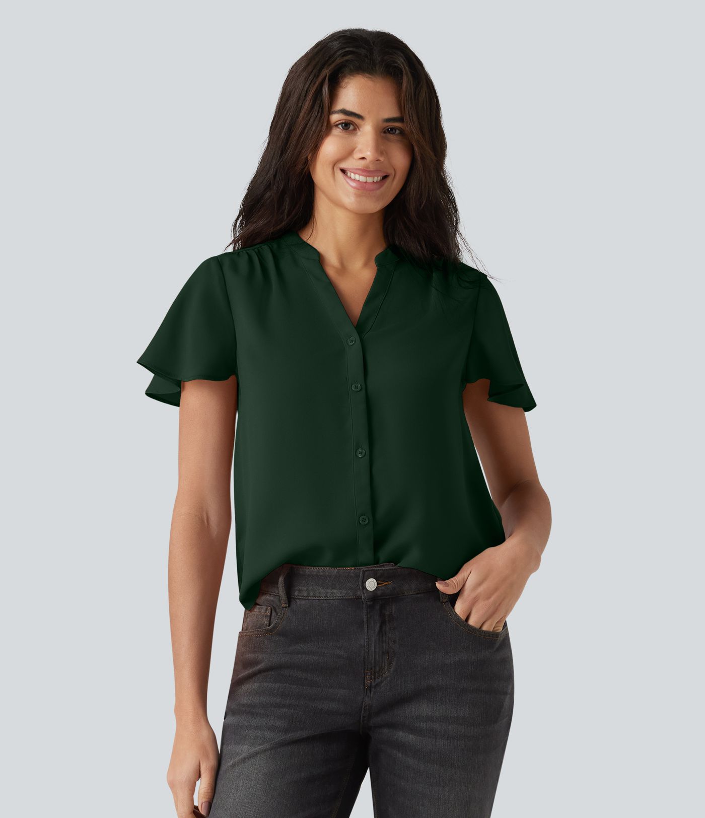 V-neck Flounce Sleeve Curved Hem Casual Blouse