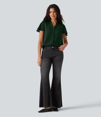 V-neck Flounce Sleeve Curved Hem Casual Blouse