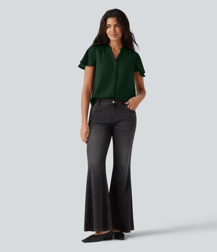 V-neck Flounce Sleeve Curved Hem Casual Blouse