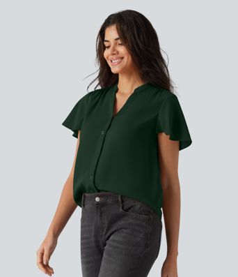 V-neck Flounce Sleeve Curved Hem Casual Blouse