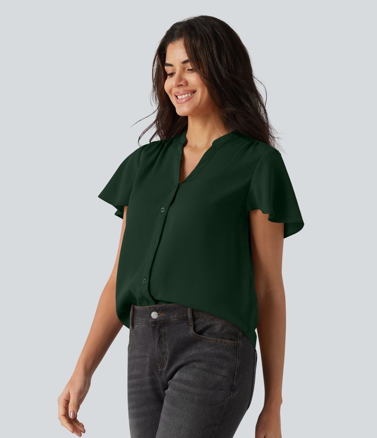 V-neck Flounce Sleeve Curved Hem Casual Blouse