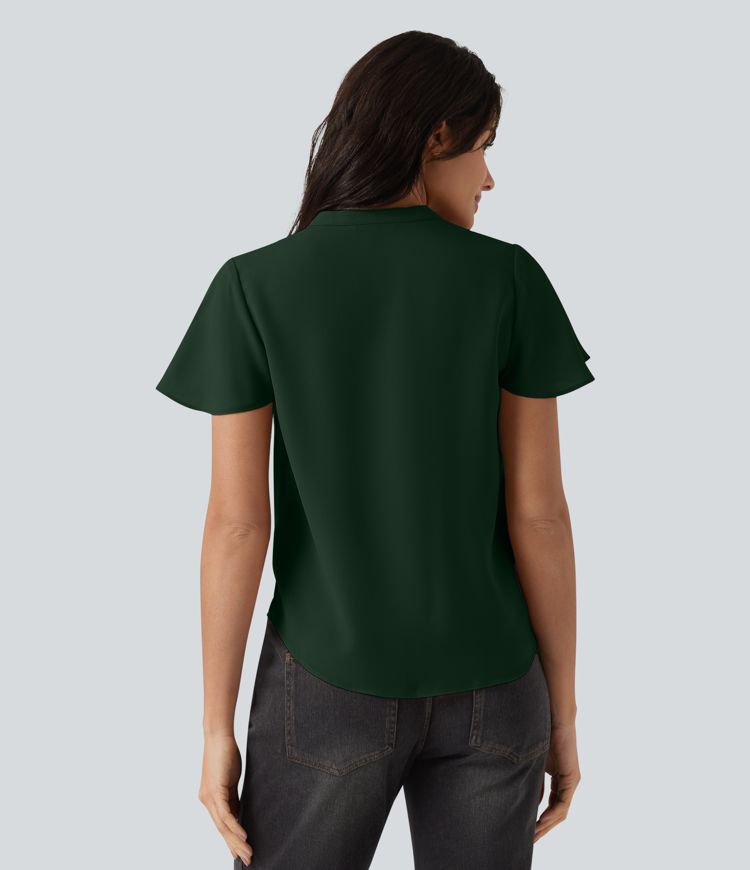 V-neck Flounce Sleeve Curved Hem Casual Blouse