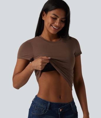 Halara Cotton Jersey - Lässiges, gerafftes T-Shirt mit Rundhalsausschnitt, kurzen Ärmeln und integriertem BH