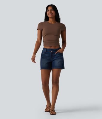 Halara Cotton Jersey - Lässiges, gerafftes T-Shirt mit Rundhalsausschnitt, kurzen Ärmeln und integriertem BH