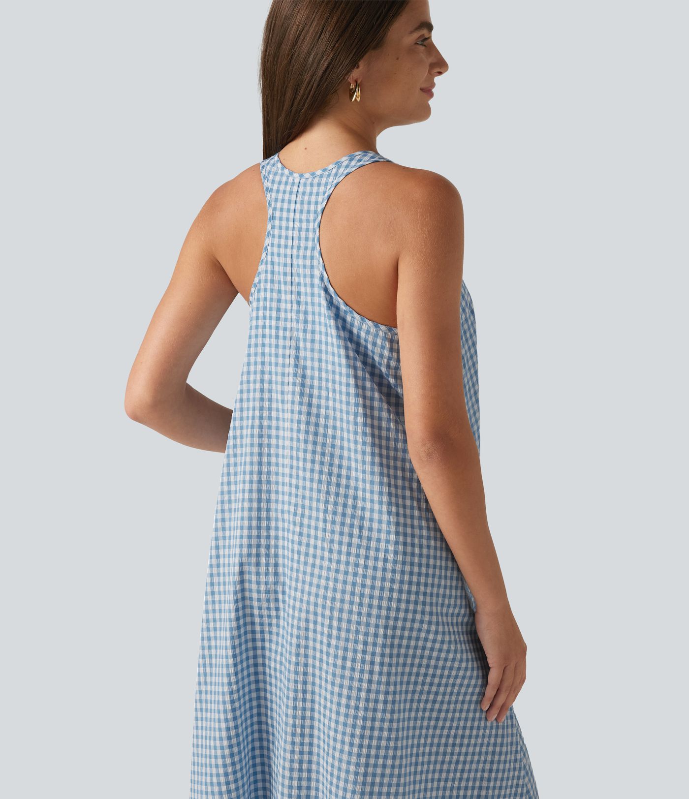 Backless Racerback High Low Built-in Bra Gingham Flowy Midi Resort Dress with Pockets