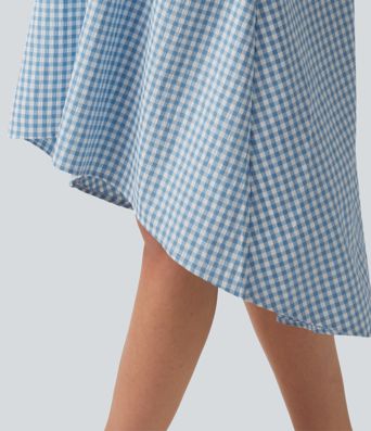 Backless Racerback High Low Built-in Bra Gingham Flowy Midi Resort Dress with Pockets