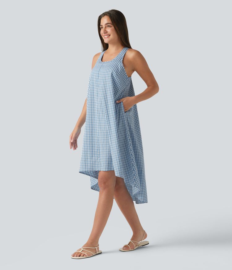 Blue White Bubble Grid Backless Racerback High Low Built-in Bra Gingham Flowy Midi Resort Dress with Pockets / 1