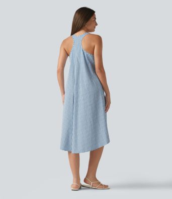 Backless Racerback High Low Built-in Bra Gingham Flowy Midi Resort Dress with Pockets