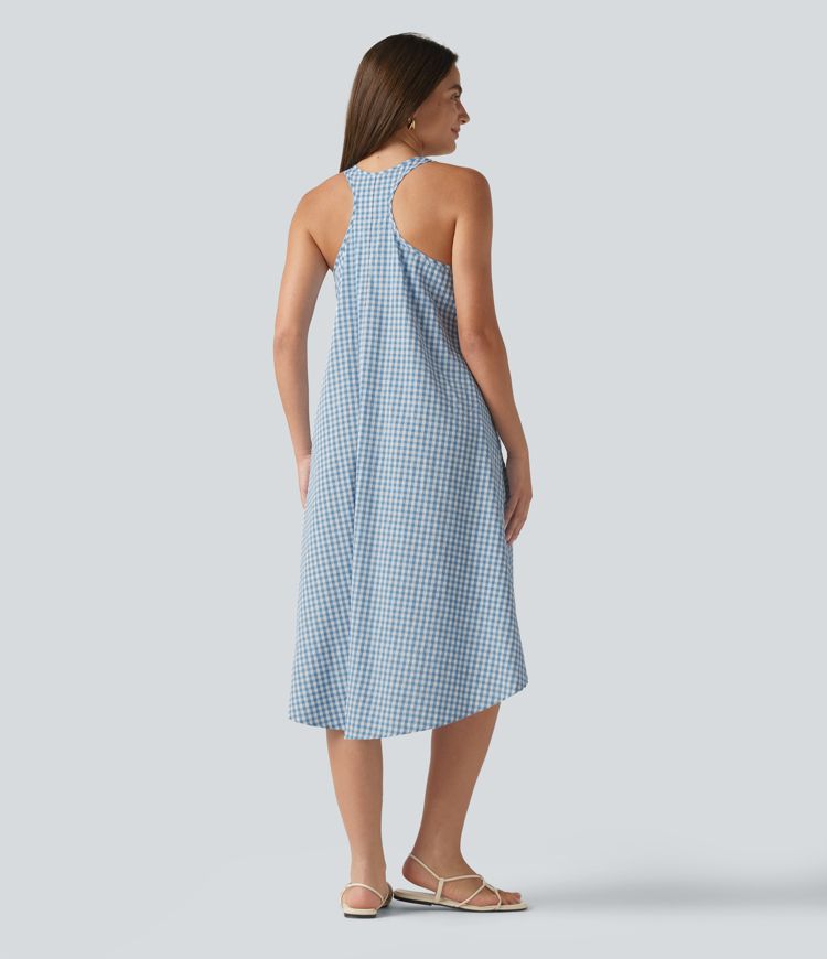 Backless Racerback High Low Built-in Bra Gingham Flowy Midi Resort Dress with Pockets