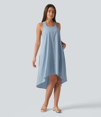 Backless Racerback High Low Built-in Bra Gingham Flowy Midi Resort Dress with Pockets