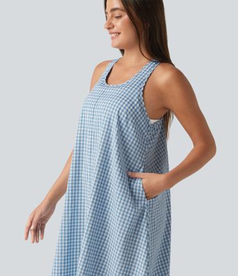Backless Racerback High Low Built-in Bra Gingham Flowy Midi Resort Dress with Pockets