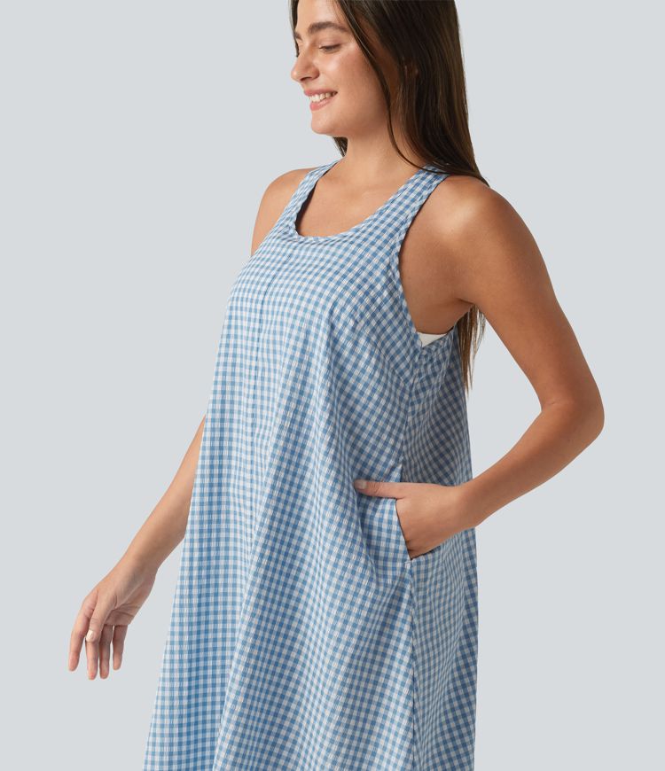 Backless Racerback High Low Built-in Bra Gingham Flowy Midi Resort Dress with Pockets