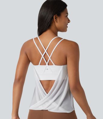 Contrast Mesh Built-in Bra Pleated Yoga Cami Top