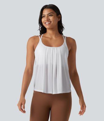 Contrast Mesh Built-in Bra Pleated Yoga Cami Top