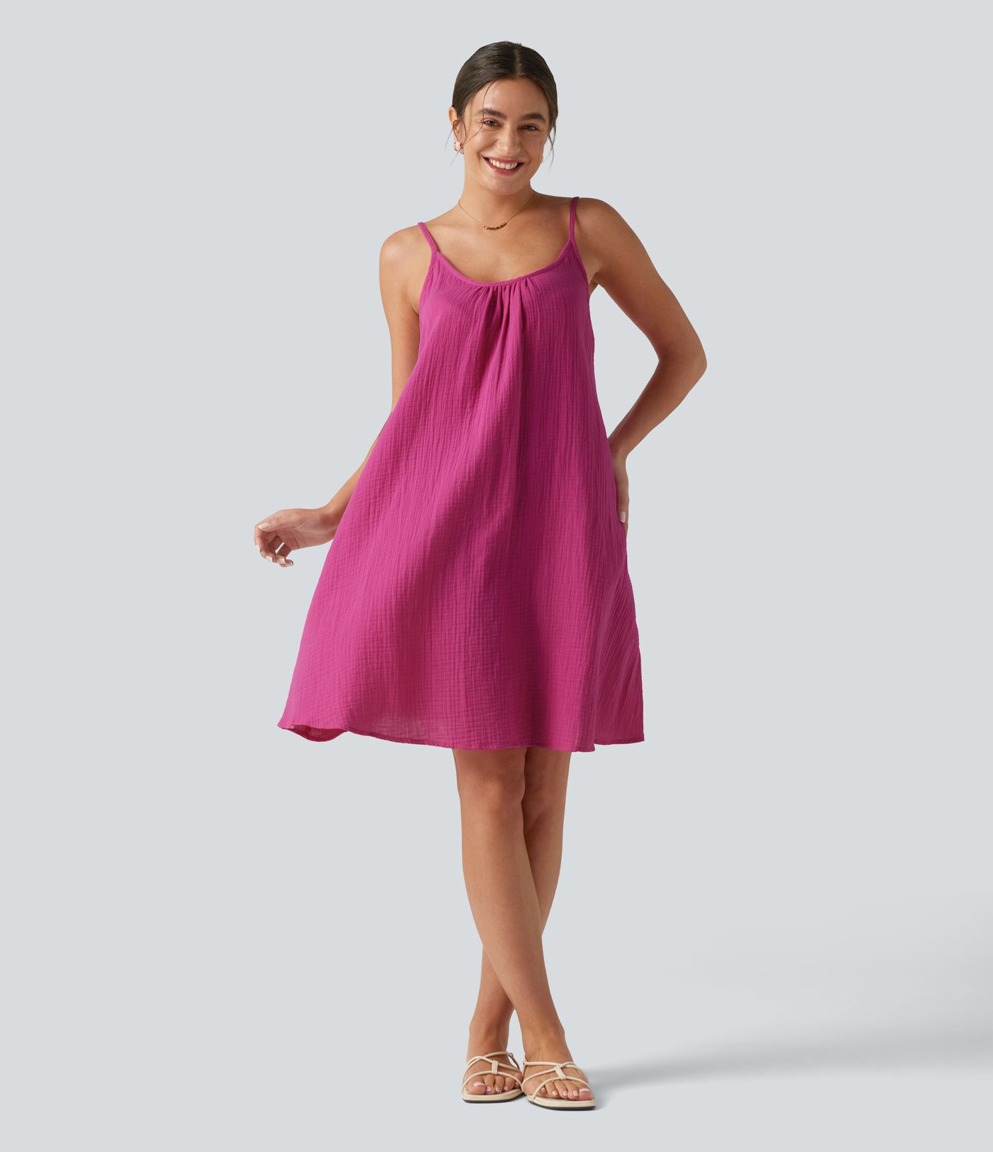 Adjustable Straps Mini Flowy Casual Cotton Slip Dress with Pockets