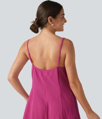 Adjustable Straps Mini Flowy Casual Cotton Slip Dress with Pockets