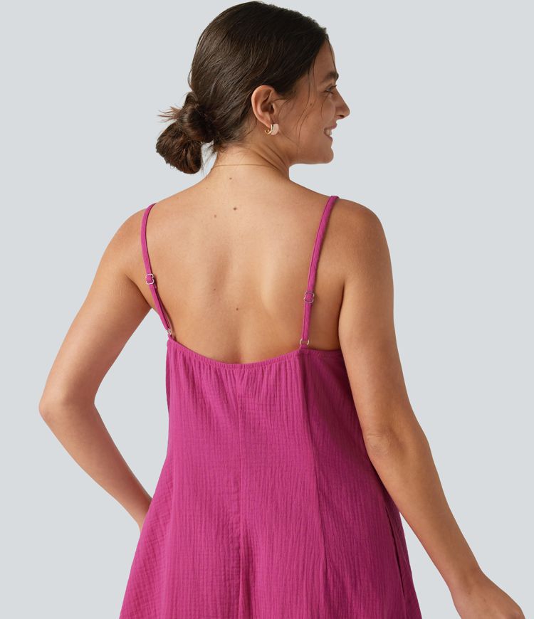 Adjustable Straps Mini Flowy Casual Cotton Slip Dress with Pockets