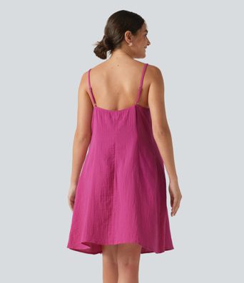 Adjustable Straps Mini Flowy Casual Cotton Slip Dress with Pockets