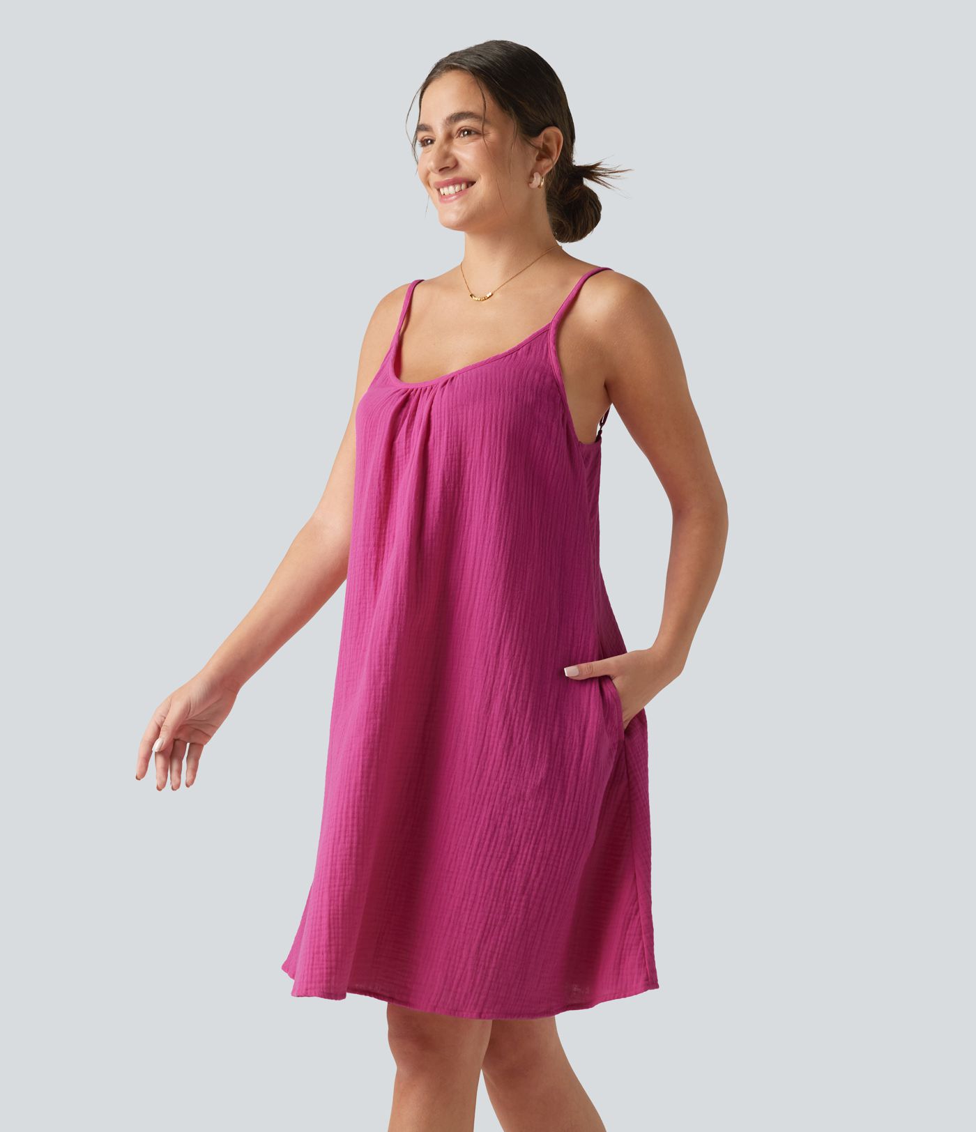 Adjustable Straps Mini Flowy Casual Cotton Slip Dress with Pockets