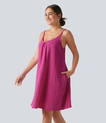 Adjustable Straps Mini Flowy Casual Cotton Slip Dress with Pockets