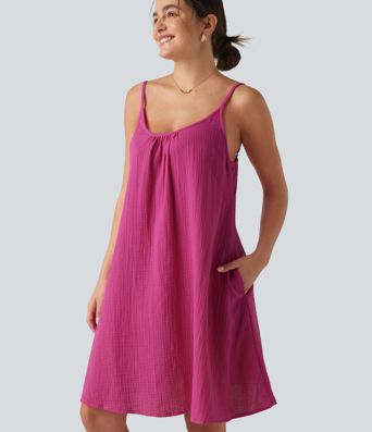 Adjustable Straps Mini Flowy Casual Cotton Slip Dress with Pockets