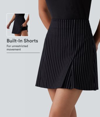 High Waisted Longer Mini 2-in-1 Cool Touch Stripe Work A-Line Skirt