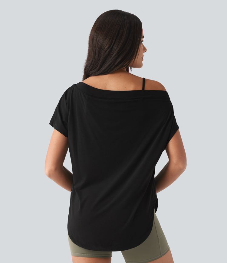 One Shoulder Short Sleeve Curved Hem High Low Built-in Bra Quick Dry Yoga Sports Top