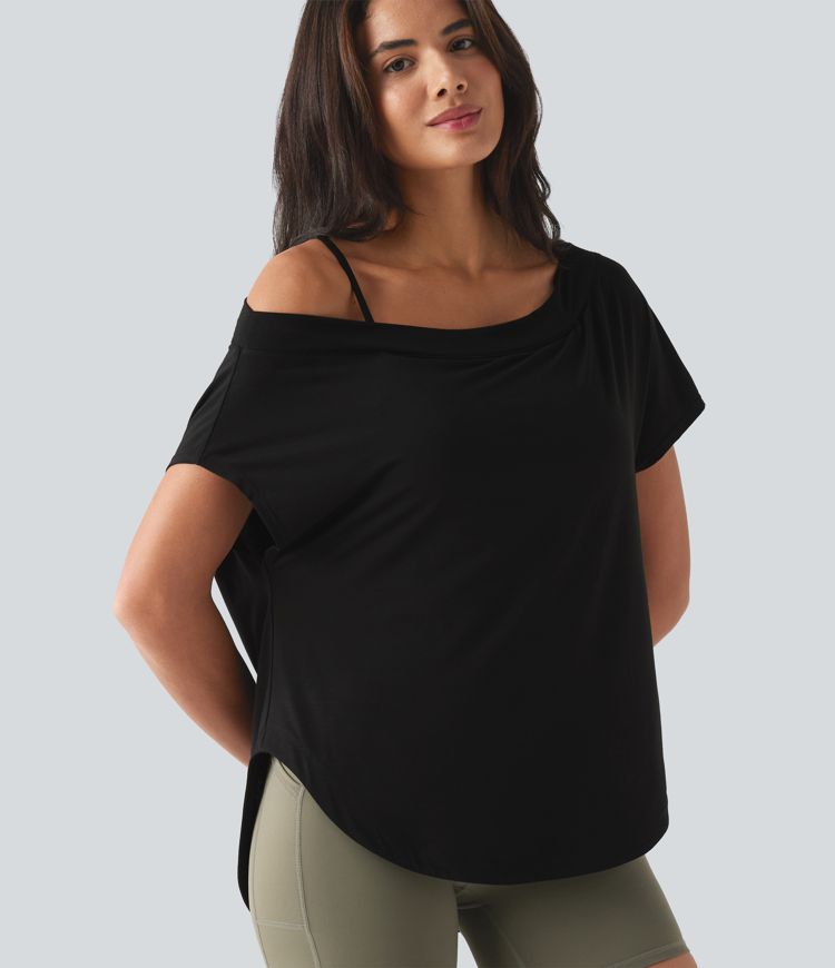 One Shoulder Short Sleeve Curved Hem High Low Built-in Bra Quick Dry Yoga Sports Top
