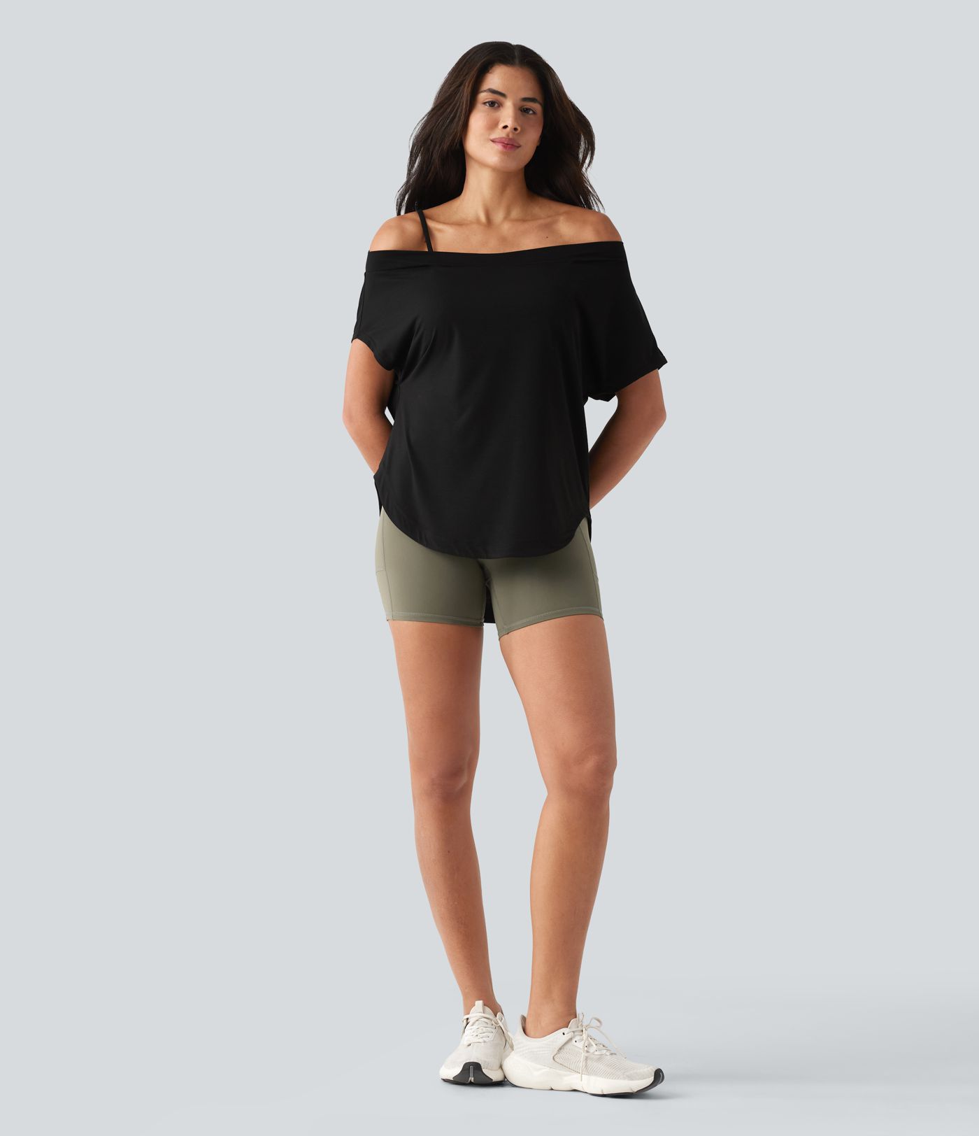 One Shoulder Short Sleeve Curved Hem High Low Built-in Bra Quick Dry Yoga Sports Top