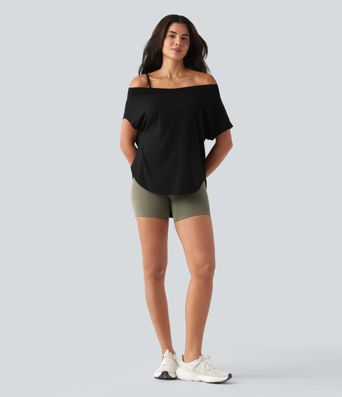 One Shoulder Short Sleeve Curved Hem High Low Built-in Bra Quick Dry Yoga Sports Top