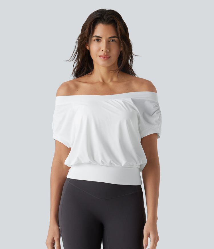 Off Shoulder Short Sleeve Oversize Cool Touch Quick Dry Yoga Sports Top