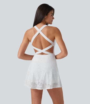 SoftlyZero™ QuickDry — robe active mini évasée 2-en-1 pour yoga avec soutien-gorge intégré, dentelle contrastée et poches — Édition Easy Peezy