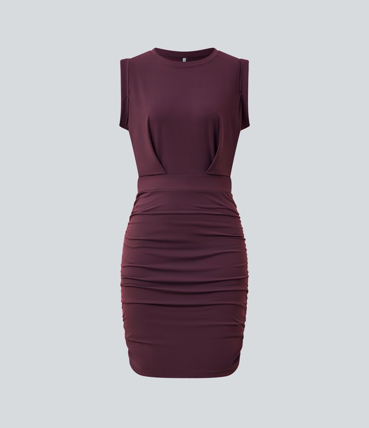SoftlyZero™ Airy Round Neck Sleeveless Ruched Cool Touch Bodycon Mini Party Dress