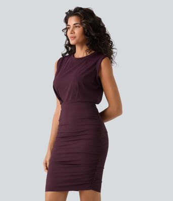 SoftlyZero™ Airy Round Neck Sleeveless Ruched Cool Touch Bodycon Mini Party Dress